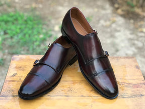 2011-Patina Blood colour Cow Leather Formal Double Monk Style