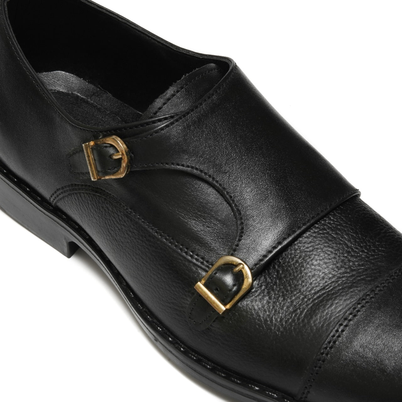 SKU:2011-Black Rubber Sole Cow Leather Formal Double Monk Style