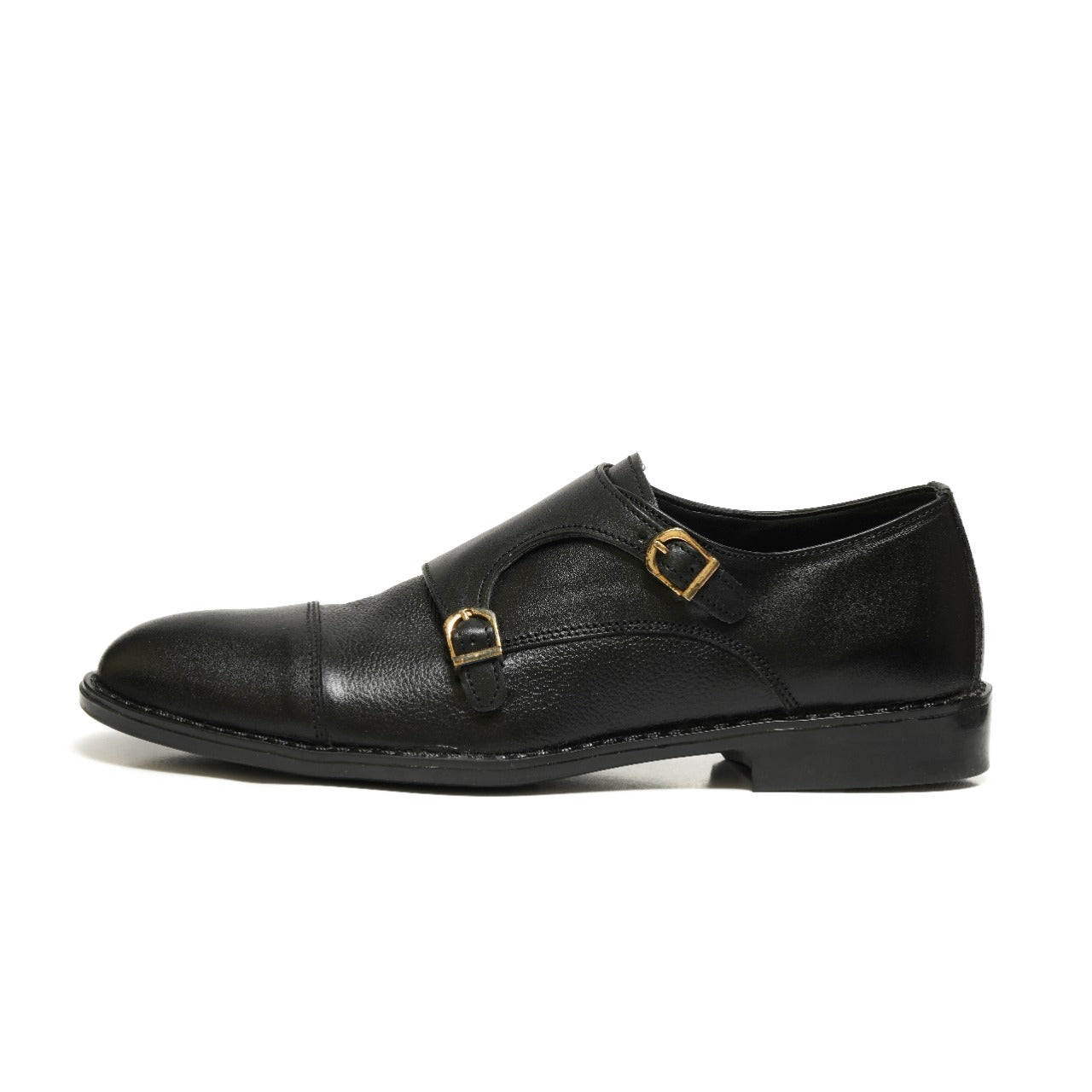 SKU:2011-Black Rubber Sole Cow Leather Formal Double Monk Style